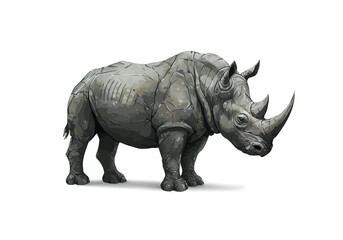 Fototapeta premium Powerful grey rhinoceros illustration with textured armorlike skin and two prominent horns standing.