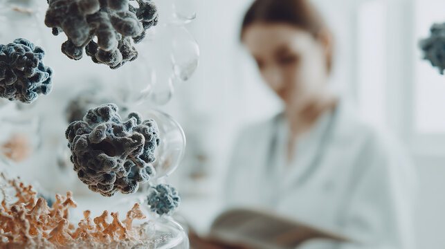 Scientist examining molecular structures in a laboratory setting