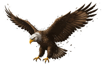Fototapeta premium Majestic Bald Eagle in Dynamic Flight Spread Wings Extended Talons Stylized Illustration.