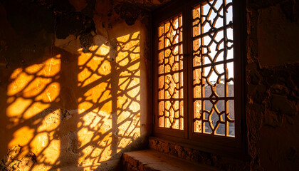 High contrast lighting casts patterned lattice window shadows on ancient wall