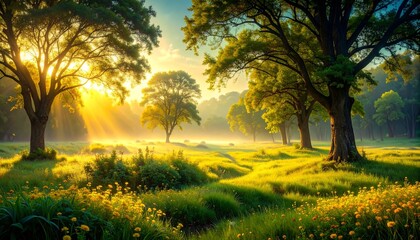Fototapeta premium Beautiful sunlit meadow with tall trees and wildflowers glowing in golden morning light, dreamy nature landscape with peaceful atmosphere, springtime sunrise scene