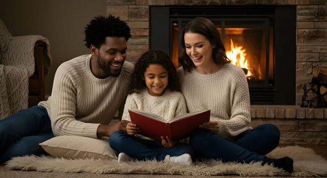 Family Reading a Book Together by the Cozy Fireplace. Warm Winter Evening, Parents and Kids