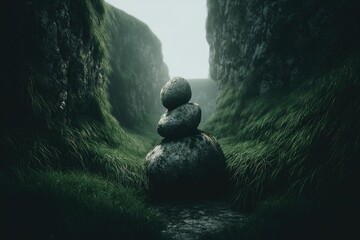 A stone cairn in a verdant valley between craggy cliffs