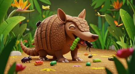 A playful armadillo, surrounded by colorful insects and flowers, enjoys a meal in a vibrant jungle setting.