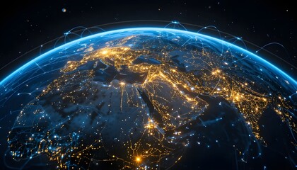 Earth from space at night with city lights, showcasing global connectivity and technological advancement