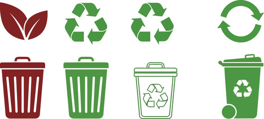 Recycling symbols and trash bins, conveying environmental awareness and waste management concepts