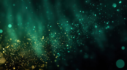 Mesmerizing abstract background with shimmering green and gold bokeh lights creates magical and dreamy atmosphere. soft focus and gradient effect enhance ethereal quality
