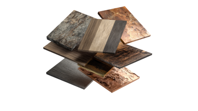 Assorted material samples, various colors and textures
