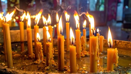 Many lit candles in a tray