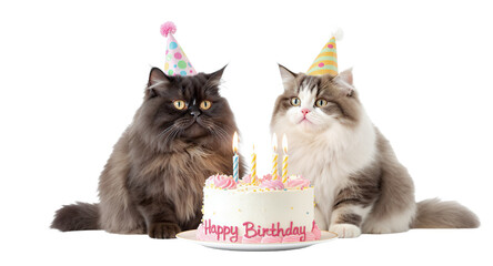 Two fluffy cats wearing party hats celebrate with a birthday cake