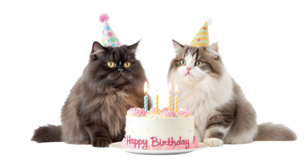 Two fluffy cats wearing party hats celebrate with a birthday cake