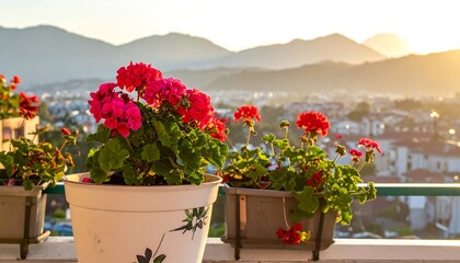 Beautiful red geraniums in pots with a scenic mountain view.
