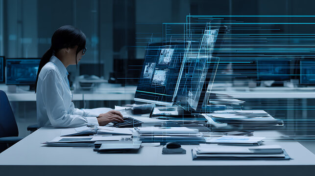Woman working at a desk with multiple computer monitors in a modern office environment, surrounded by digital overlays and documents.