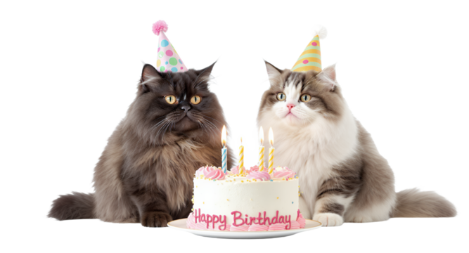 Two fluffy cats wearing party hats celebrate with a birthday cake