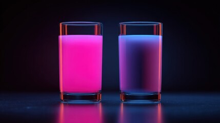 Two illuminated glasses filled with vibrant pink and purple drinks against a dark background