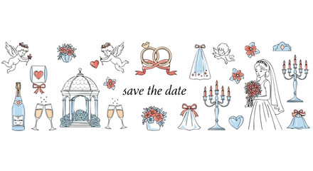 Enchanting wedding celebration elements like rings, bride, champagne, and romantic decor perfect for save the date announcements and invitations.