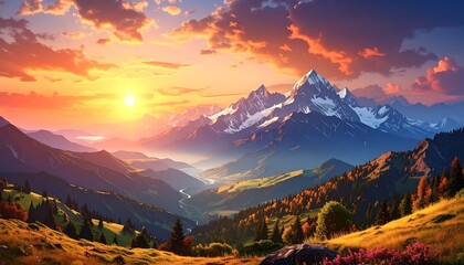 Colorful mountain sunset panorama