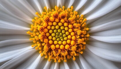 Close-up of White Flower's Center, Yellow Stamens and Pistils, Detailed Macro Photography
