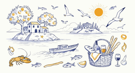 Naklejka premium Charming Mediterranean seaside village scene with citrus trees, boats, and a delightful picnic basket overflowing with fresh food and wine.