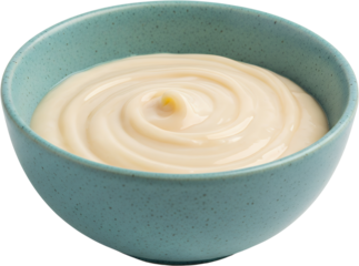 Creamy white sauce swirled in a speckled teal ceramic bowl isolate Food Ingredient Dairy Cooking Kitchen