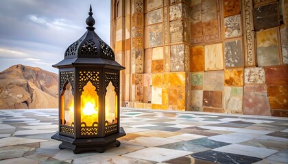 Ornate lantern on patterned patio