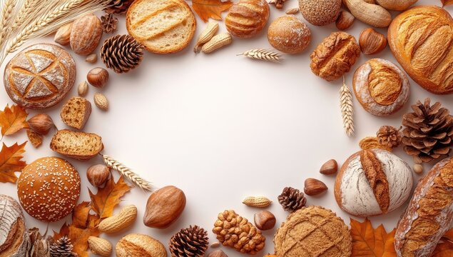 Autumn Harvest: Bread, Nuts, and Pine Cones Frame a White Space