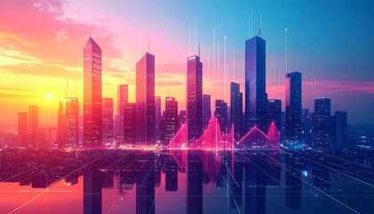 Futuristic cityscape at sunset