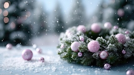 Snow Covered Christmas Wreath Adorned with Pink Ornaments on Snowy Blue Surface Against Blurred Snowy Forest Scene