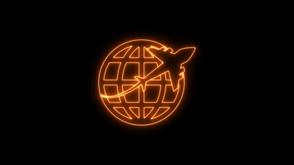 Airplane with globe neon travel icon, flight and aviation symbol, world tourism and global transportation animation on dark background