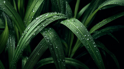 Fototapeta premium Lush green leaves glisten with water droplets, showcasing nature beauty and freshness in vibrant, serene setting