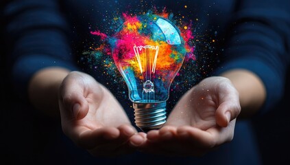 Creative Idea: Light Bulb with Colorful Explosion Held in Hands