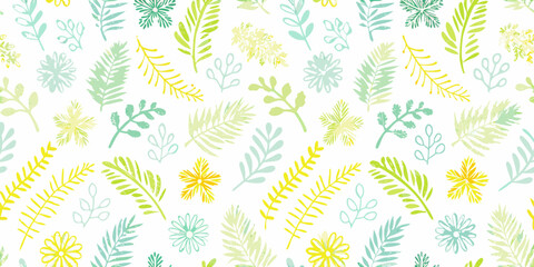 Soft watercolor floral pattern with delicate leaves and flowers in pastel green and yellow hues