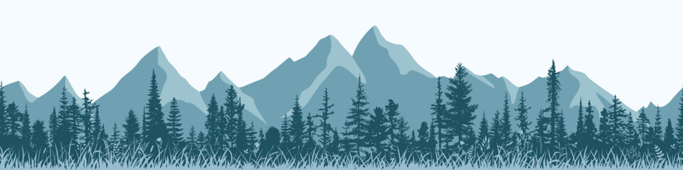 Fototapeta premium Mountain landscape with forest, morning haze, vector illustration, seamless border, panoramic view