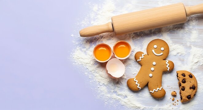 Baking Ingredients and Cookies A Delicious Gingerbread Man and Chocolate Chip Cookie - Powered by Adobe