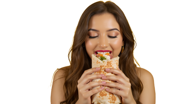 Woman enjoying a delicious wrap, healthy eating, appetizing food, close up shot