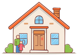 Family Home Cartoon House with Dad and Child Illustration Style