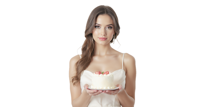 Woman holding a small cake, dessert, food photography, studio shot, white background, elegant, beautiful, delicious, sweet treat, pastry, confectionery, cream cake, strawberry cake, bakery, food