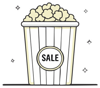 Cartoon popcorn bucket with a sale sign for cinema and movie promotions