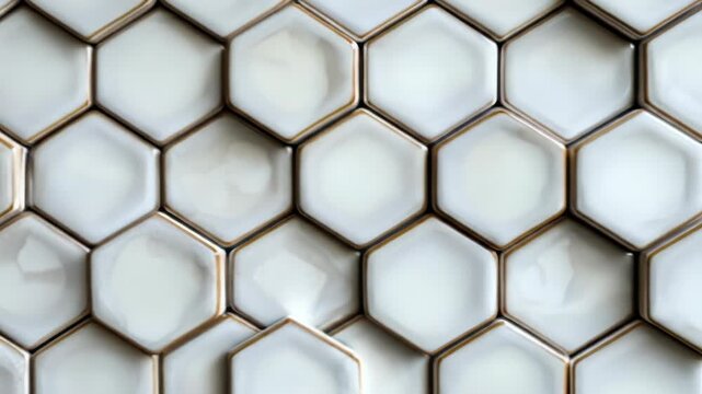 A close-up view of a decorative wall tile pattern featuring light gray hexagonal tiles with a subtle, warm bronze border.