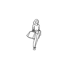 Black and white line art of a beautiful happy woman carrying shopping bags minimalist cheerful illustration