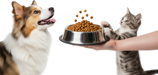 A Corgi dog looks up towards a cat holding a bowl of kibble isolate puppy kitten animal pet pet food