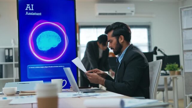 Indian Businessman use artificial intelligence AI technology for solve work problems,enhanced work efficiency data analysis,efficient tools,Unlocking work potential,AI technology in corporate setting