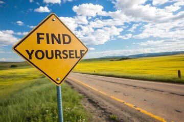 Yellow diamond road sign find yourself on a country road with vast yellow field and blue sky