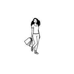 Black and white line art of a beautiful happy woman carrying shopping bags minimalist cheerful illustration