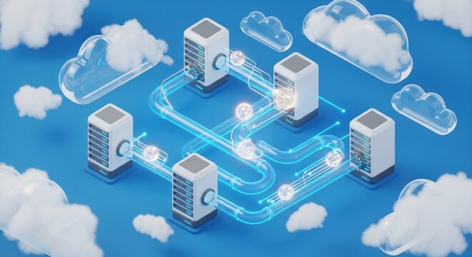 Flat vector illustration of cloud computing with geometric clouds, turquoise and blue tones, data flow in orange and pink stripes, isometric design with 3D accents