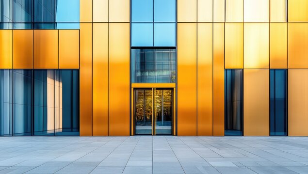 Contemporary building facade with vibrant golden panels, reflective blue glass, and tiled plaza