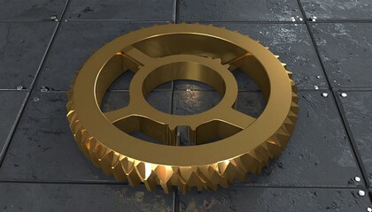 Golden gear on dark metallic surface