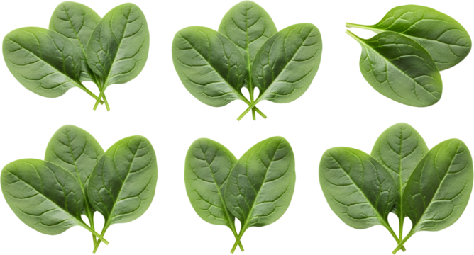 Six clusters of fresh green spinach leaves arranged in a grid pattern isolate food vegetable raw healthy