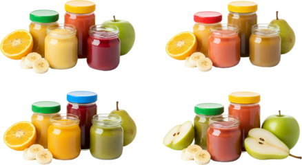 Assorted baby food jars with fruit vegetable purees and sliced bananas isolate fruit puree banana slices