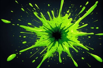 Fototapeta premium Vibrant neon green paint splatter explodes against a dark background, creating a dynamic, high-energy visual perfect for graphic design or edgy branding.